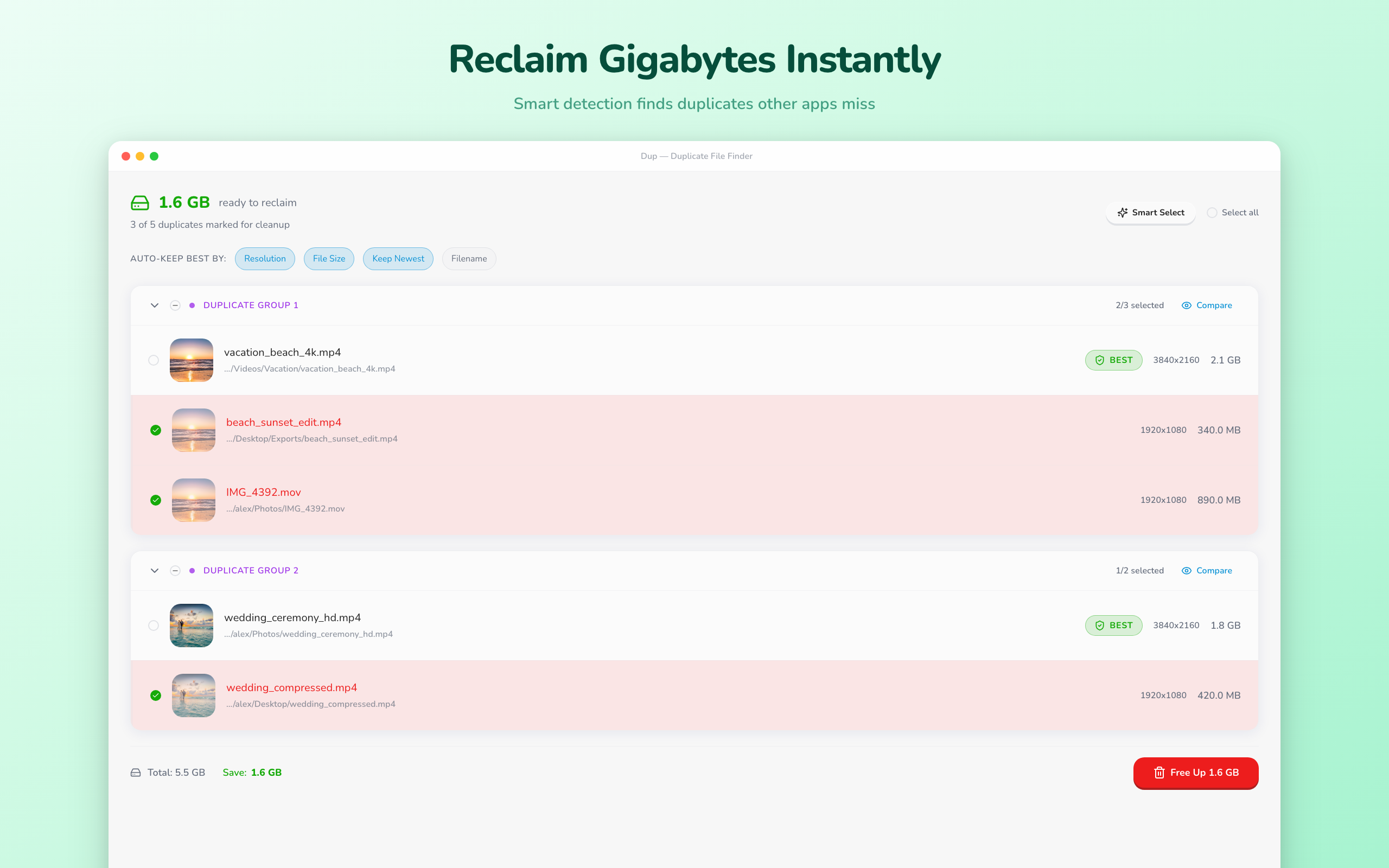 Dup finding similar photos and videos with different names and sizes
