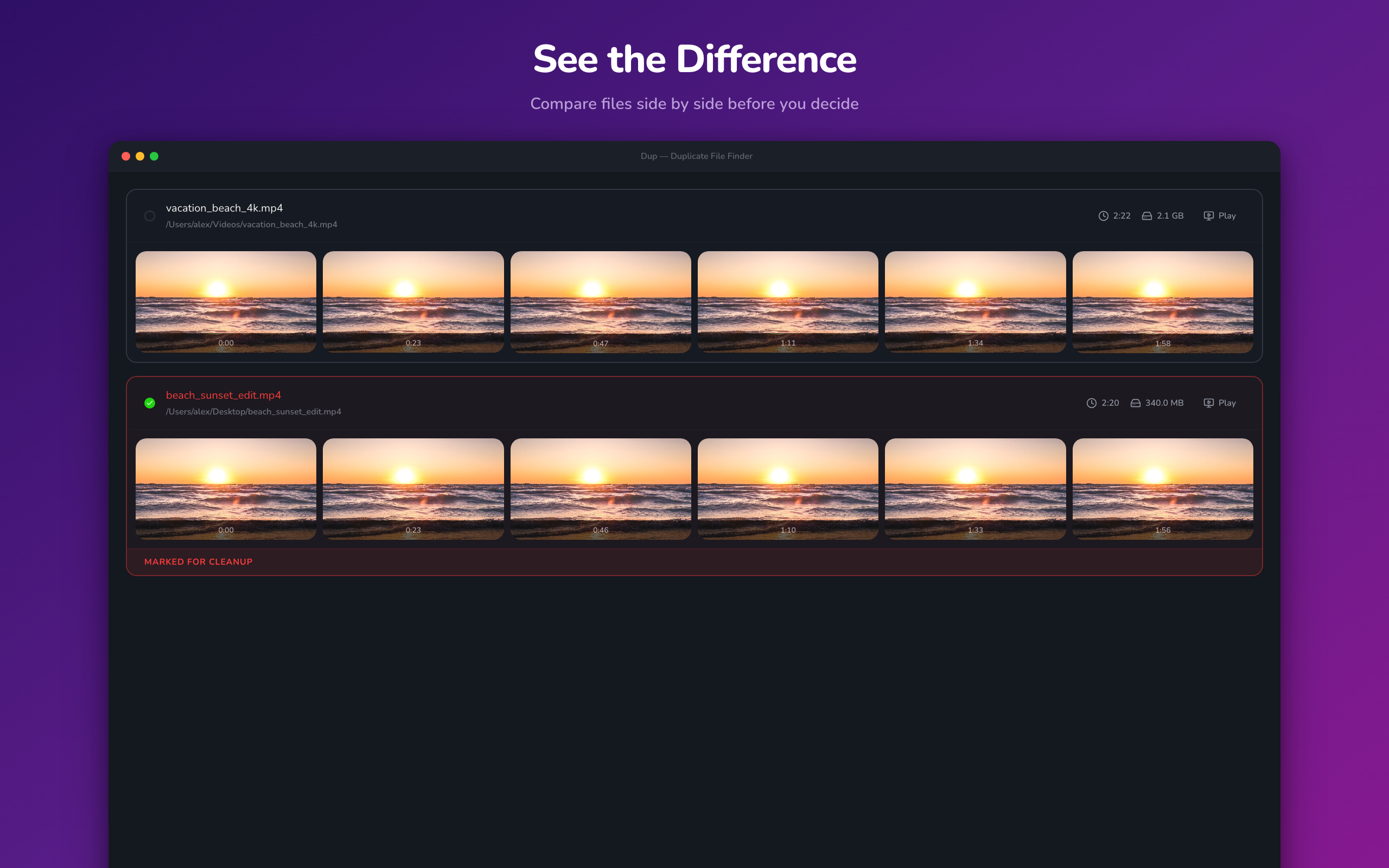 Side-by-side video comparison with thumbnails