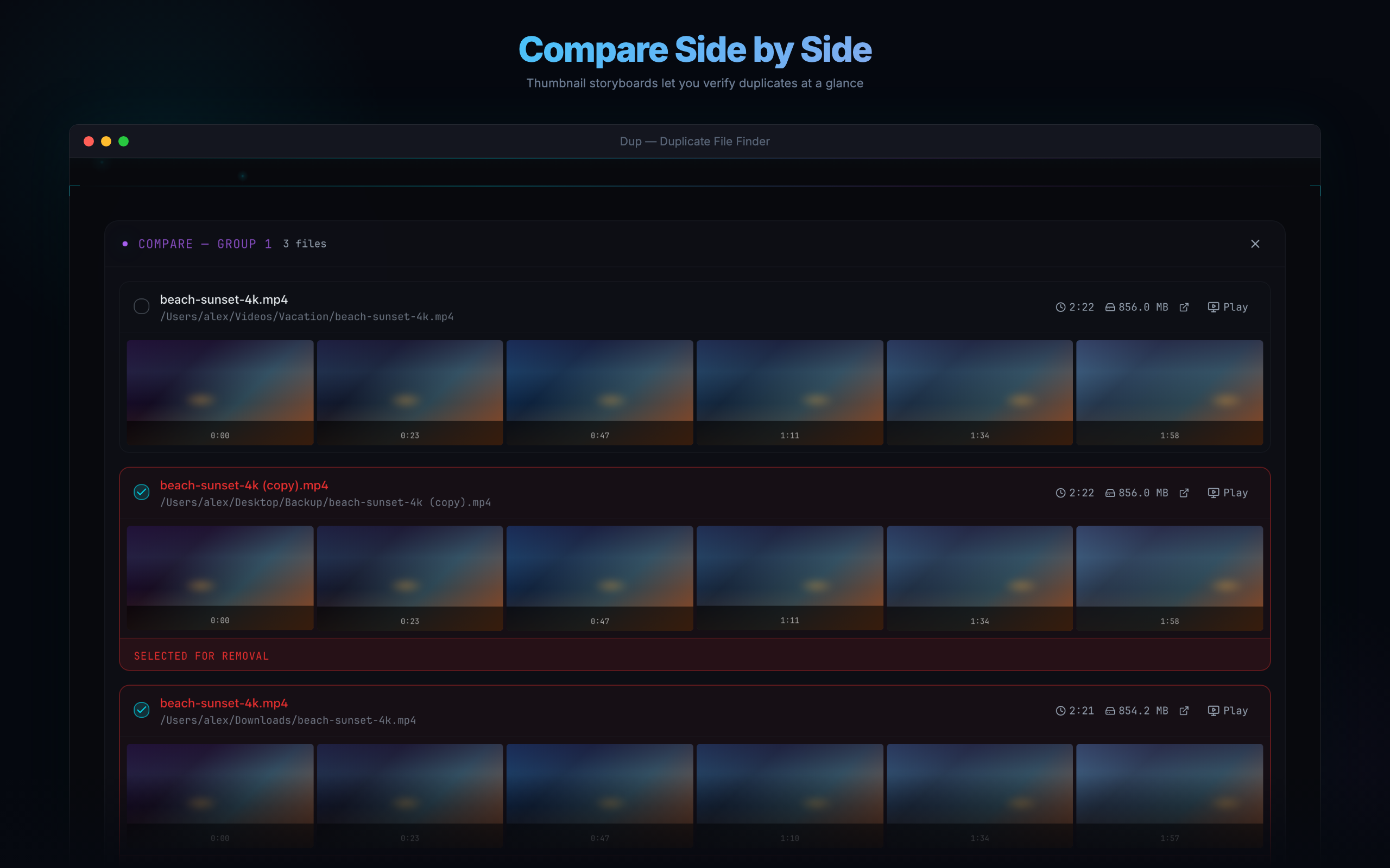 Dup compare screen showing side-by-side video thumbnails