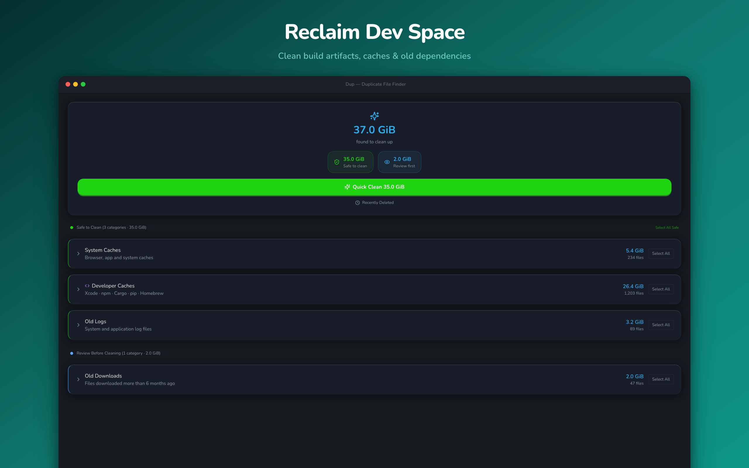 Dev cache cleanup showing storage breakdown in Dup