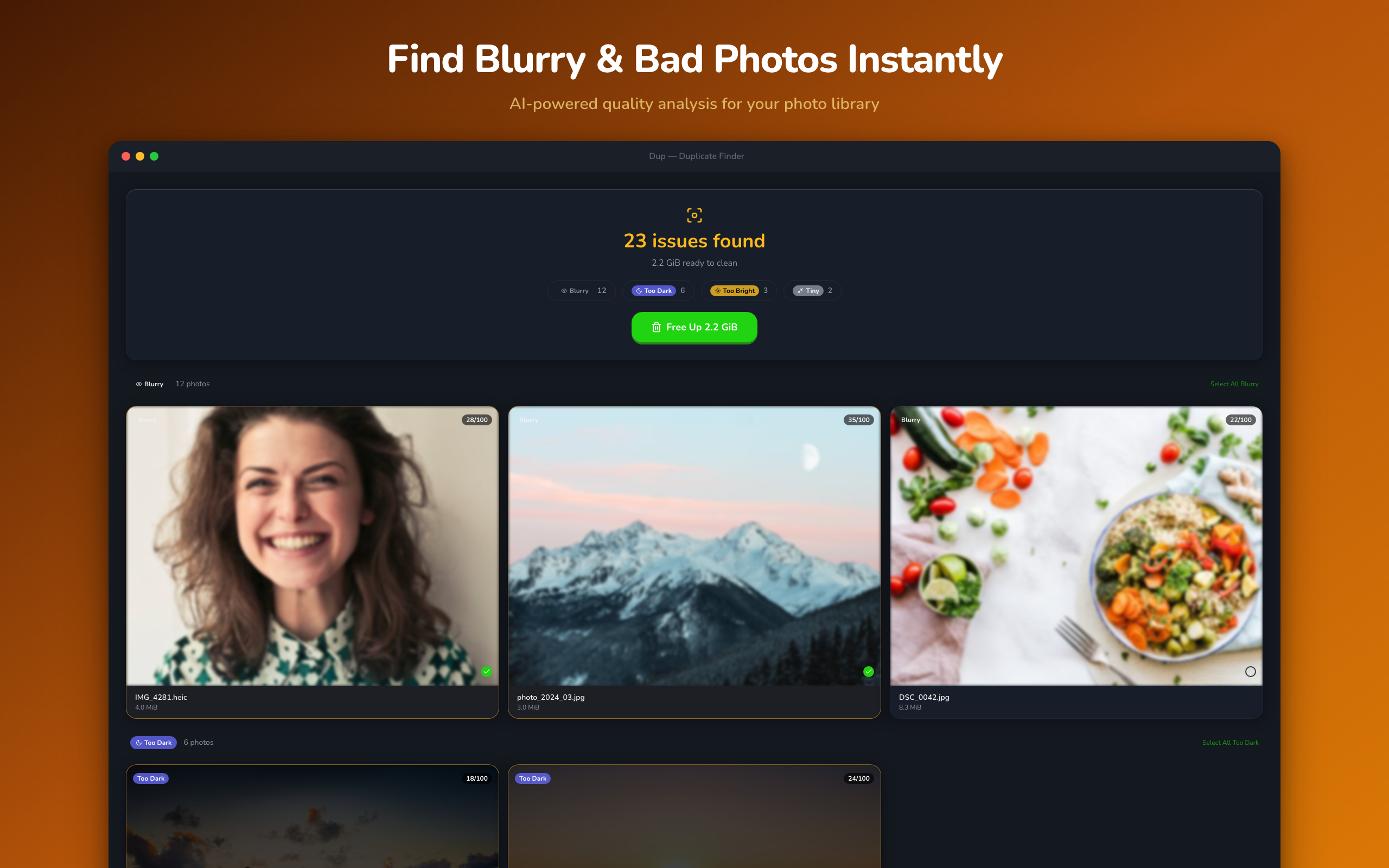 Photo quality scan detecting blurry and low-quality photos in Dup